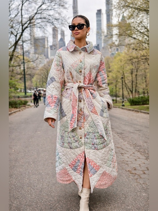 Handmade Jackets & Blazers - 💕SOLD 🧵HANDMADE Fan Patchwork Long Quilt Belted Coat in Pastel Floral S/M